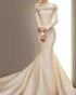 Simple Satin Mermaid Wedding Dresses Off The Shoulder Beaded Bridal Gown Long Train
